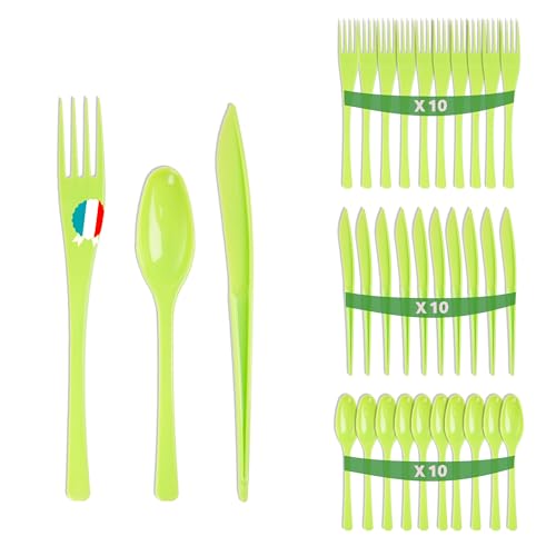 Set 30 couverts vert - Fabriquée en France - Ménagère vert de 10 fourchettes, 10 couteaux, 10 cuillères - Réutilisables et recyclables - Passe au lave...