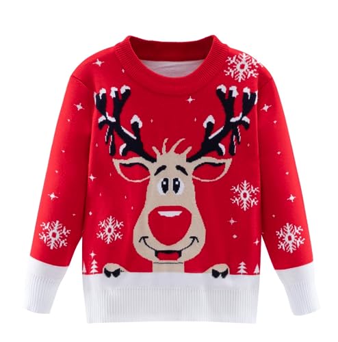 BABSUE Boys Girls Christmas Xmas Deer Jumper Round Neck Sweater Long Sleeve Sweatshirt Red Age 5-6 Years