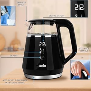 NELO Electric Kettle with 5 Temperature Control Presets, Large Digital Temperature Display, Multi-Colored LED Indicator Lights, Black Tea Kettle & Hot Water Boiler, 360° Base, BPA-Free, 1 Liter NELO Electric Kettle with 5 Temperature Control Presets Large Digital Temperature Display Multi Colored LED Indicator Lights Black Tea Kettle Hot Water Boiler 360 Base BPA Free 1 Liter