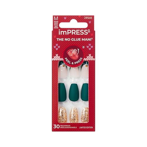 KISS imPRESS Holiday Press On Nails, ‘The Gift’, Green, Medium Coffin, Improved Super Hold Adhesive, 30 Fake Nails, Prep Pad, Mini Nail File, & Manicure Stick