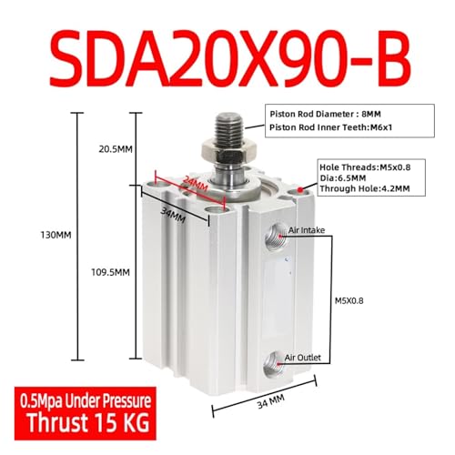 Actuador neumático compacto SDA20 con rosca externa para carrera de 90mm 3
