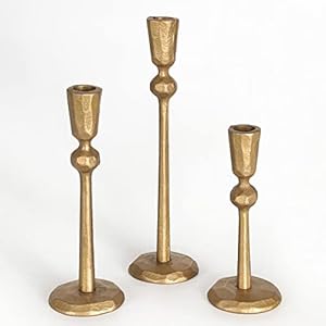 Antique Brass Iron Taper Candle Holder – Set of 3 Decorative Candle Stand, Candlestick Holder for Wedding, Dinning, Party