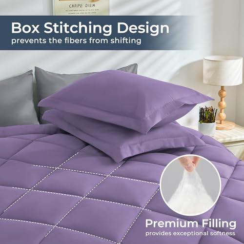 HEVUMYI King Comforter Set - 7-Piece All Season Bed in a Bag King, Ultra Soft Bedding Set with Comforter, Flat Sheet, Fitted Sheet, Pillowcases, Pillow Shams, Purple & Light Grey