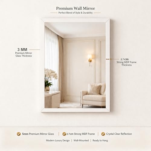 Image of Rousrie Premium Framed Glass Wall Mount Mirror, Decorative, for Bathroom, Bedroom, Living Room and Entryway, Wash Basin (14 by 20 Inch) (White)