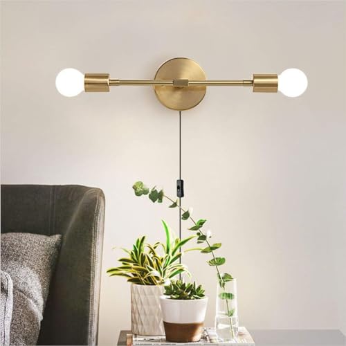 Image of KCO Lighting Gold Plug in Wall Sconce 2 Light Bathroom Vanity Light Plug in Brass Wall Reading Light Mid Century Modern Bathroom Wall Scones for Hallway Living Room Dining Room