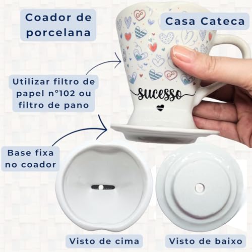 Conjunto de Caneca e Coador de Café de Porcelana, Estampa Corações, Vermelho e Azul