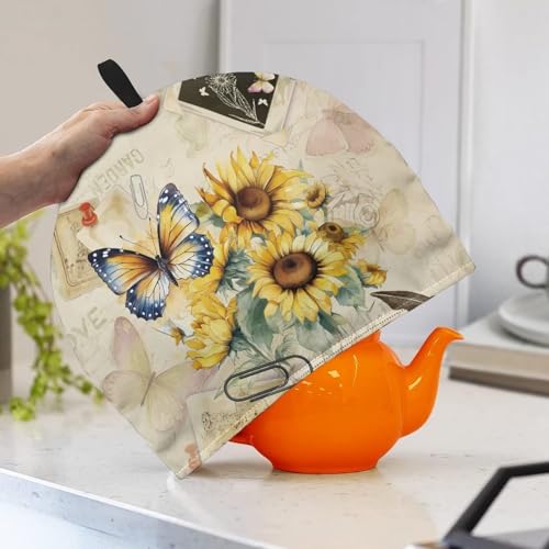 Image of Tea Cozy Tea Pot Cover Keep Tea Warm Insulation Teapot Cozies Machine Washable Kettle Quilt Breakfast Warmer Teapot Warmer Home Indoor Decoration, Butterfly Sunflower Retro