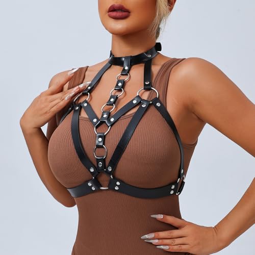 Punk Black Leather Chest Harness Women Fashion Adjustable Strap Body Harnesselt Waist Body Chain Belts,Goth Body Harness Lingerie,Club Party Caged Bra Harness,Women\'s Body Chains Rave Accessories