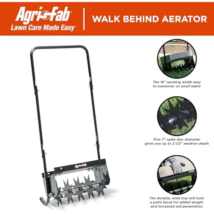 Agri-Fab 45-0365 Push Spike Aerator, 16 Inch Walk Behind Lawn Aerator with 5 Aerating Spikes and 7-Inch Spikes, Steel Weight Tray, 2-1/2 Inches Aeration Depth, for Lawn Care Maintenance
