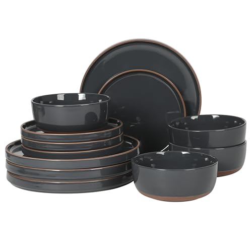 Image of Gibson Elite Northrock Stoneware Dinnerware Set, 12-Piece Service for 4 Plates and Bowls Set - Charcoal Blue Dishes with Hand-Painted Terracotta Base