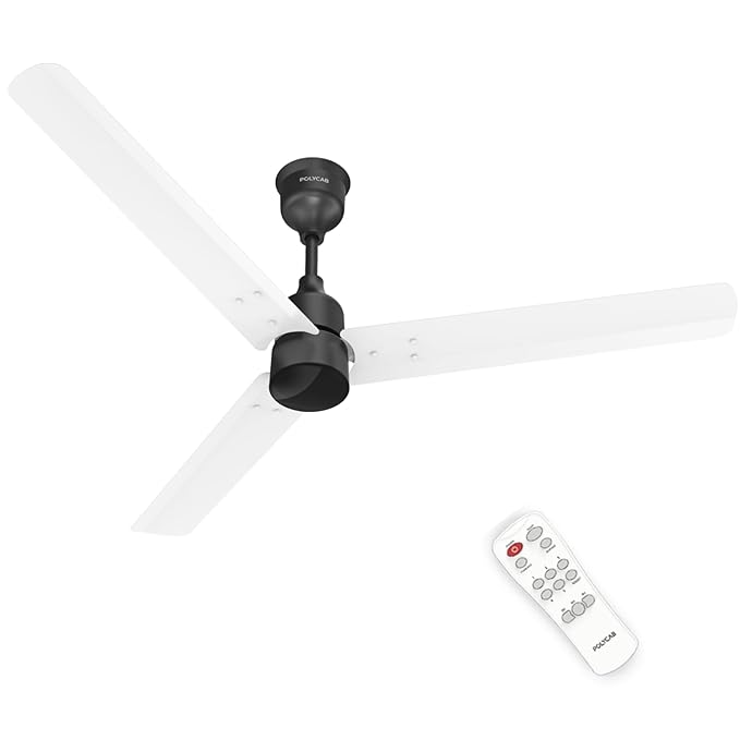Polycab Wizzy Plus 1200mm 5-Star BLDC, Remote Ceiling fan for Living Room| 55% Energy Saving, 100% Copper, High Air Delivery, Free Installation | 3+1 yr Warranty【Matt White Black】