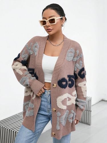 Image of WDIRARA Women's Letter Print Button Open Front V Neck Long Sleeve Cardigan Knit Sweater