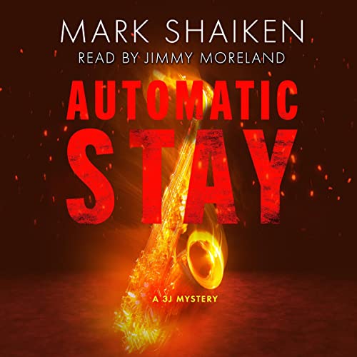 Automatic Stay: 3J Mystery, Book 2 audiobook cover depicting a blurred saxophone on an orange background
