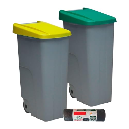 Denox PK3333 Pack Reciclaje Reciclo 85 litros Cerrado c/u: 170 litros totales, en 2 contenedores, en Colores Verde/Amarillo