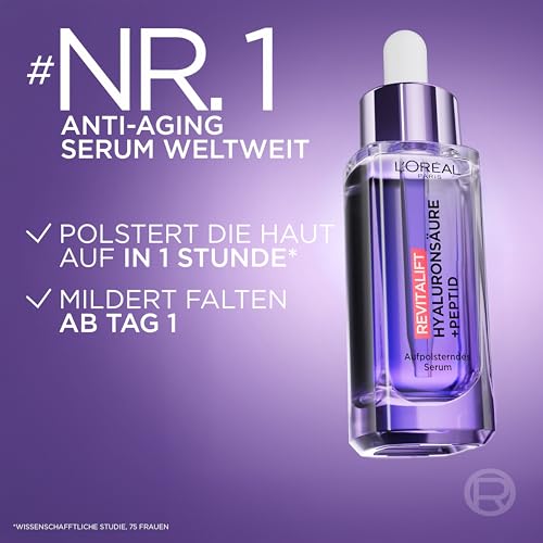 L'Oréal Paris Aufpolsterndes Serum, gegen Falten, für jugendlich und praller aussehende Haut [mit Hyaluronsäure und Peptid], Gesichtsserum, Revitalift Filler, 1 x 30ml