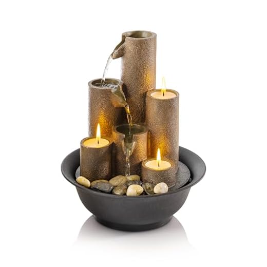 Alpine Corporation WCT202 Indoor Tabletop Tiered Water Fountain Featuring 3 Candles for Desktop and Table, 11", Brown