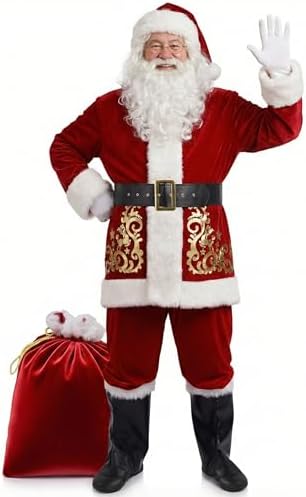 Santa Claus Costume for Adult Mens Santa Clause Suit 11pcs Deluxe Christmas Red Velvet Outfit Xmas Holiday Party Set