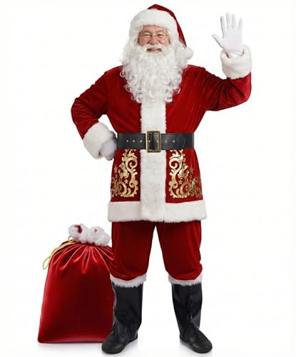 Opemon Santa Claus Costume for Adult Mens Santa Clause Suit 11pcs Deluxe Christmas Red Velvet Outfit Xmas Holiday Party Set L