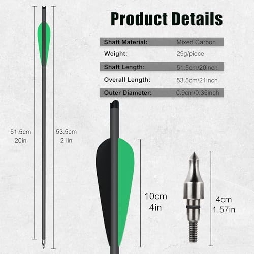 SERfawnCH 24Pcs Carbon Crossbow Bolts - 20\" Hunting Carbon Arrows for Crossbow, 4\" Shield Vanes & Screw-in Tips for Target & Outdoor Practise
