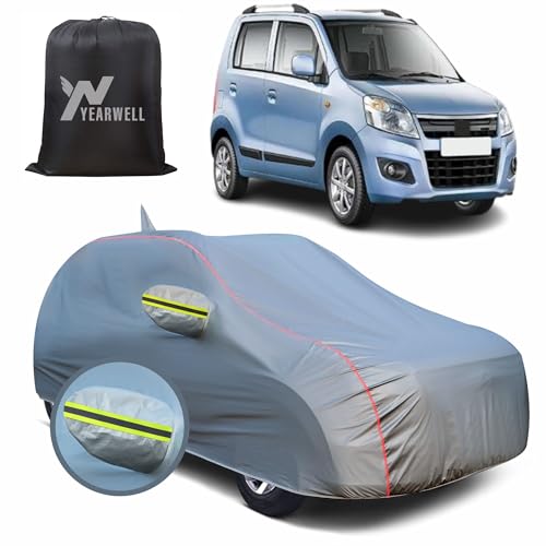 Image of Car Body Cover for Maruti Wagon R, 100% Waterproof, Heat-Resistant with Mirror & Antenna Pockets, Soft Cotton Lining, Triple Stitched, Green Reflector (Metallic Grey)