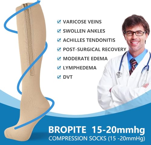 Image of bropite Zipper Compression Socks Women & Men|15-20mmHg closed Toe knee high | 2Pairs Calf Knee High 15-20mmHg closed Toe Compression Stocking suit for Walking Recovery, Pregnant, Nurse