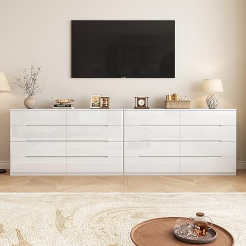 Image of White Wood Dresser, 8 Drawer Dressers for Clothes Storage for Bedroom, Modern Dresser with Wide Drawers, Wide Wooden Chest Drawers for Living Room, Entryway, TV Stand