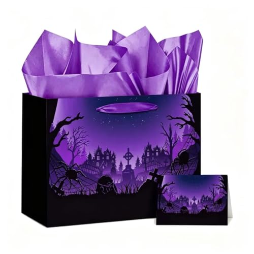 Purple Halloween Bag for Gifts, Spider Castle Tissue Paper Card Kids Adults