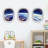 Flaxarne 3D Space Airplane Window Wall Stickers Earth Starry Sky Wall Decals Peel and Stick Wall Art Decor Home Decoration for Bedroom Living Room Office