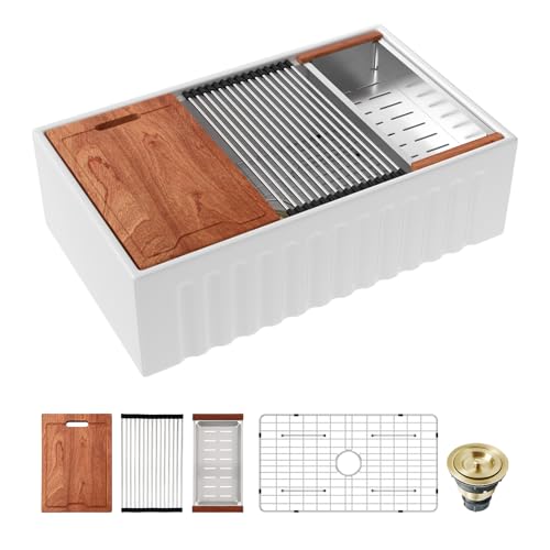 Sarlai 33 Inch Farmhouse Sink White Kitchen Sink Apron Front 33 x 20 Ledge Workstation Farm Fireclay Porcelain Ceramic Undermount Farmer Farm Kitchen Sinks Basin With Gold Drainer
