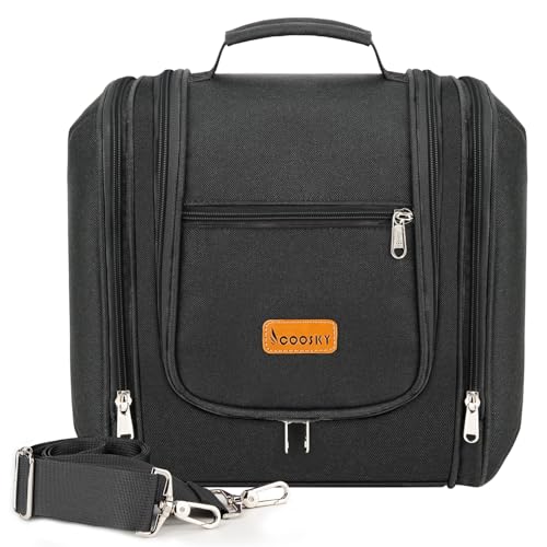 COOSKY Hanging Travel Toiletry Bag for Women and Men, 6 Organizer Compartments, Large Toiletries essentials, Bathroom Cosmetic Accessories, Water-resistant Makeup Bag, Holds Full-Size Shampoo, Black