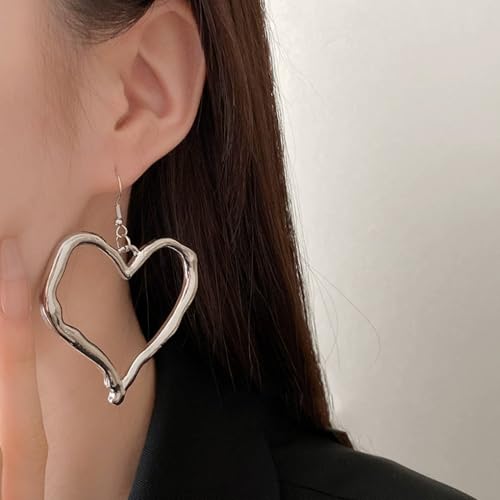 Y2K Gold Heart Earrings for Women,Chunky Large Heart Dangle Earrings Punk Alt Grunge Cool Earring Alternative Jewelry Accessories Big Statement (Silver) by FUTIMELY - Used condition - Image 2
