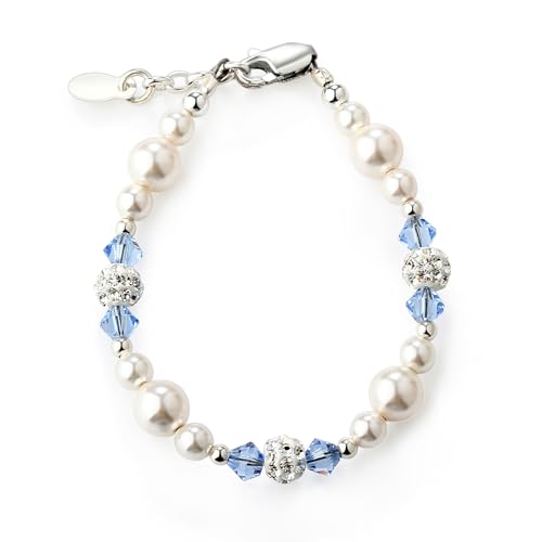 Cherished Moments Sterling Silver Bracelet for Girls with High-End Simulated Pearls and Blue Crystals, Gift for Birthday or Granddaughter