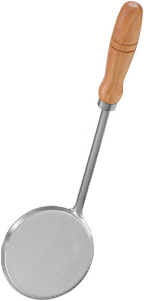 Flat Frying Spoon Skimmer with Long Wooden Handle Stainless Steel