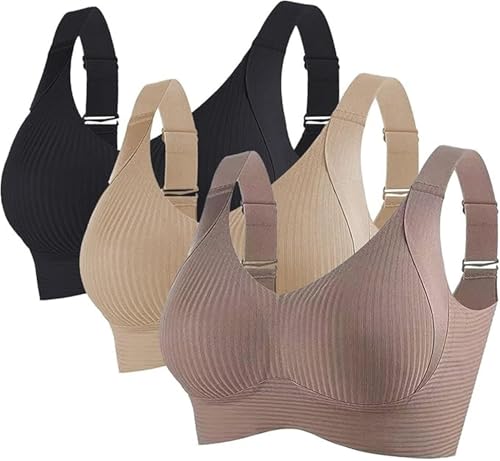 Sentdream Women's Ribbed Push up Adjustable Wireless Bra, Women Solid Four Breasted Adjustable Wireless Bra