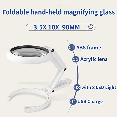 Portable Magnifying Glass With 8 Led Lights And Stand, Handheld 3.5X 10X Magnifying Glass With Dual Magnification Lens, Usb And Battery Operated Dimmable Magnifier For Reading, Jewlery Checking (L) #TOP2