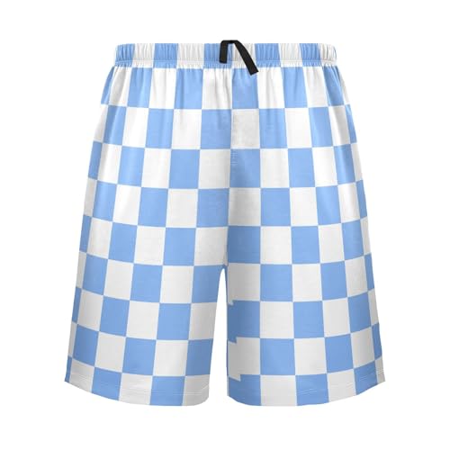 Men's White and Blue Checkered Pajama Shorts with Pocket and Drawstring S