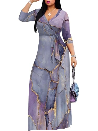 Image of Plus Size Dresses for Women Print Maxi Dresses 3 /4 Sleeve with Belt