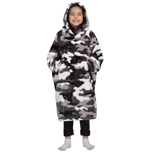 Waitu Wearable Blanket for Kids, Wearable Blanket Hoodie Gifts for Teens Girls and Boys, Warm Blanket Sweatshirt for Teenage, Hoodie Blanket with Sleeves - Camo