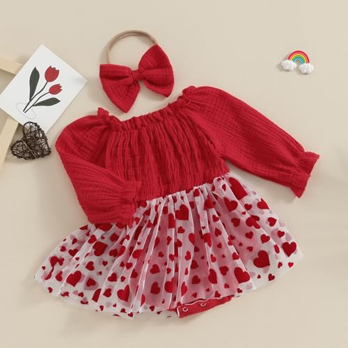 Baby Girl Bubble Romper Dress Mesh Puff Sleeve Red Heart Print Skirted Onesie Tutu Bodysuit Headband Party Clothes3