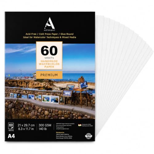 Image of ArtRight Artists' Watercolor Paper A4 300 GSM - 60 Sheets of Handmade Rough Grain Water Colour Papers for Watercolour, Acrylic, Gouache, Ink & Mixed Media