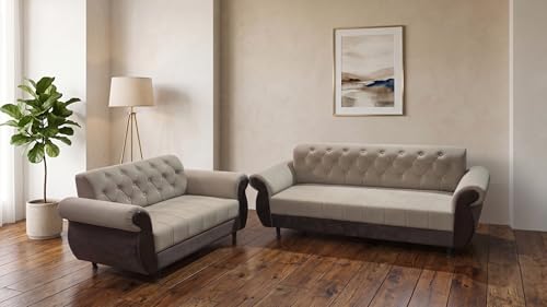 Image of RECTART Modern Tufted 5-Seater Sofa Set | Premium Upholstered Fabric Sofa | Living Room Furniture Set with Solid Wood Base | Beige