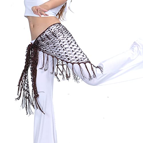 Whitewed Crochet Net Belly Dance Hip Shawl Scarf with Square Sequins & Fringe3