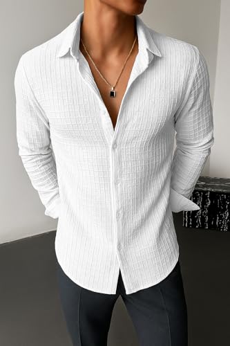 Image of Men's Casual Button Down Shirts Long Sleeve Linen Shirt Fashion Textured Beach Summer Shirts| Men Stylish Shirt | Men Fancy