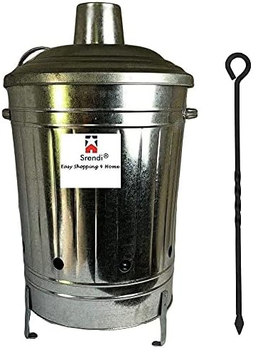 Srendi® Small Medium Large 15L 60L 90L Litre Metal Galvanised Garden Incinerator Fire Bin Burning Leaves Paper Wood Rubbish Dustbin Shovel and Poker Made in U. K. (15L INC Onlly)