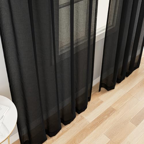 Image of MYSTIC-HOME Extra Wide Sheer Curtains Black 84 Inches Long, Window Treatments Rod Pocket Drapes for Living Room, Bedroom, 108 in Width Semi Sheer Curtains for Yard, Villa, Parlor, 108 inchx 84 inch, 2 Panels