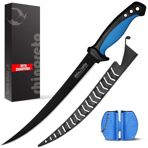 Rhinoreto 9" Flexible Fillet Knife for Fish with Sheath & Sharpener