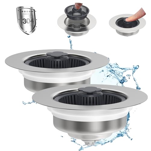 Juego de 2 coladores de drenaje 3 en 1 mejorados para fregadero de cocina, juego de tapones, tapón de fregadero de cocina de acero inoxidable, filtro de cesta de fregadero antiobstrucción desplegable