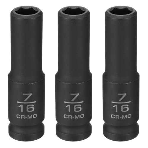 Image of sourcing map 3pcs 6 Point Shallow Impact Socket 7/16" Socket 1/2" Square Drive 78mm (3.1") Long 40CRMO for Home Auto Axle Hex Nuts Bolts Repair, Black