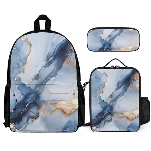 Blue Grey Marble Texture Backpack 3 Set with Lunch Bag Insulated Shoulder Meal Tote Bags Pencil Case Box Casual Daypack