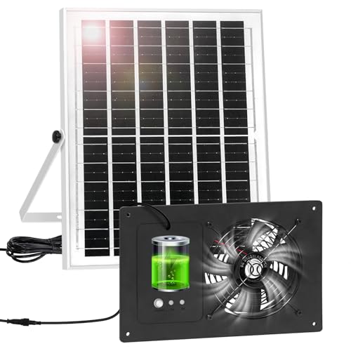 AEQ Ventilador solar con batería de día y noche, ventilador solar de 15 W para gallinero con cable de 16.4 pies, temporizador de 3/6 horas, ventiladores de invernadero impermeables para cobertizo